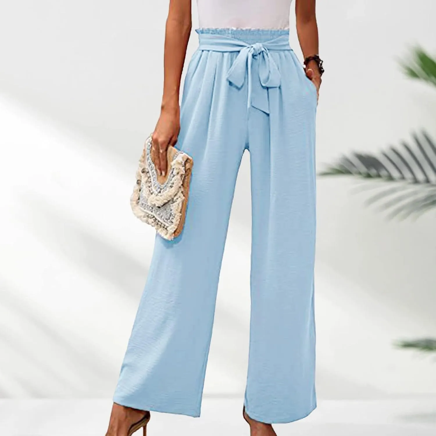 Women Linen Summer Floral Pant Trousers Elastic Waisted Wide Leg Slim-Fit Trousers Vacation