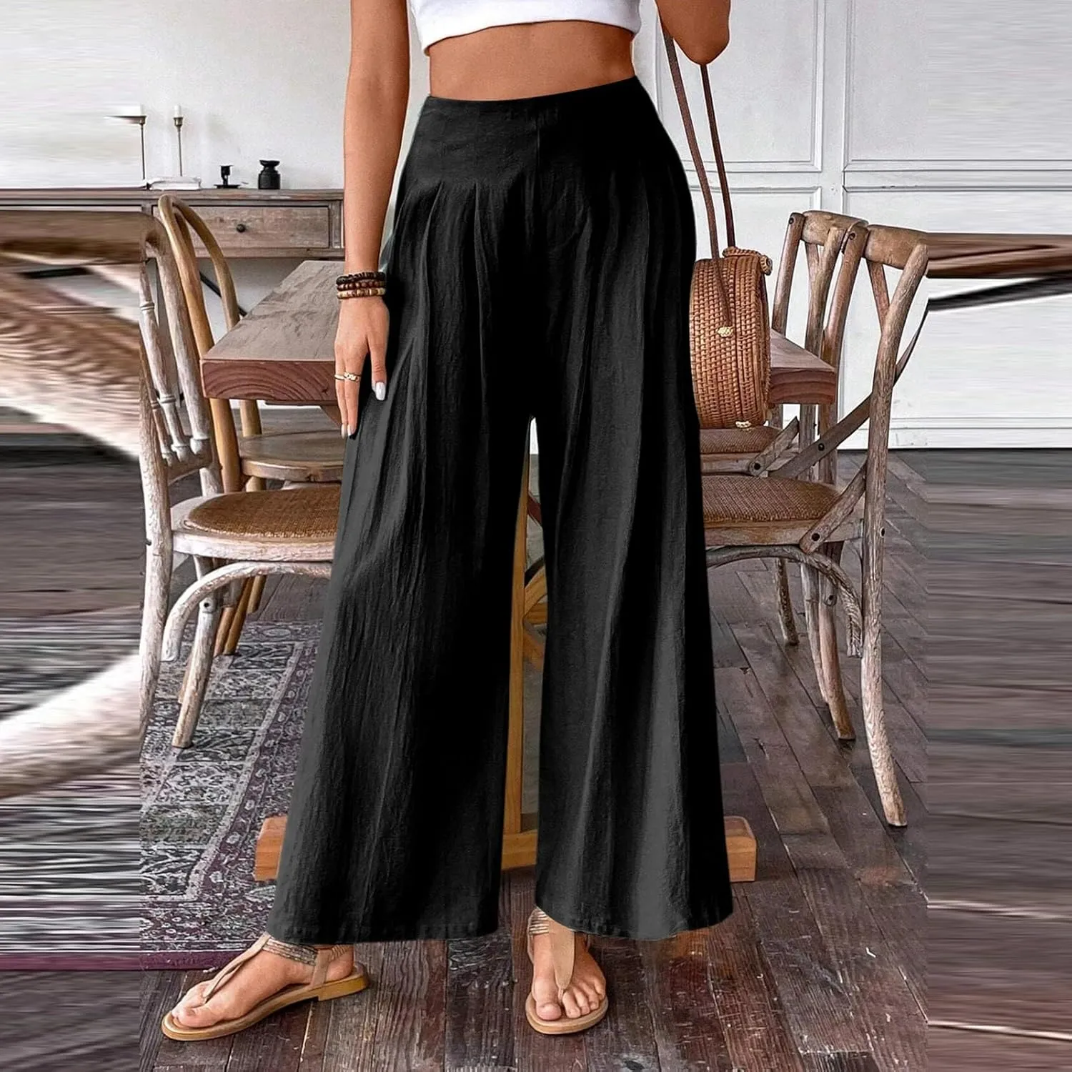 Women Linen Summer Palazzo Pant Trousers Low Waist Ankle Length Slim-Fit Palazzo Lounge Pants Beach