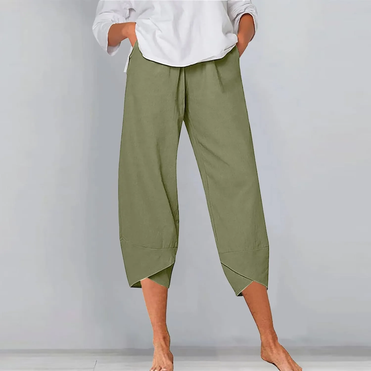 Women Linen Summer Y2K Fashion Palazzo Lounge Pants Elastic Waist Stretchy Loose Fit Trouser Business Work