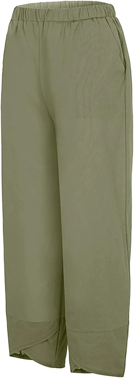 Women Linen Summer Y2K Fashion Palazzo Lounge Pants Elastic Waist Stretchy Loose Fit Trouser Business Work