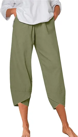Women Linen Summer Y2K Fashion Palazzo Lounge Pants Elastic Waist Stretchy Loose Fit Trouser Business Work