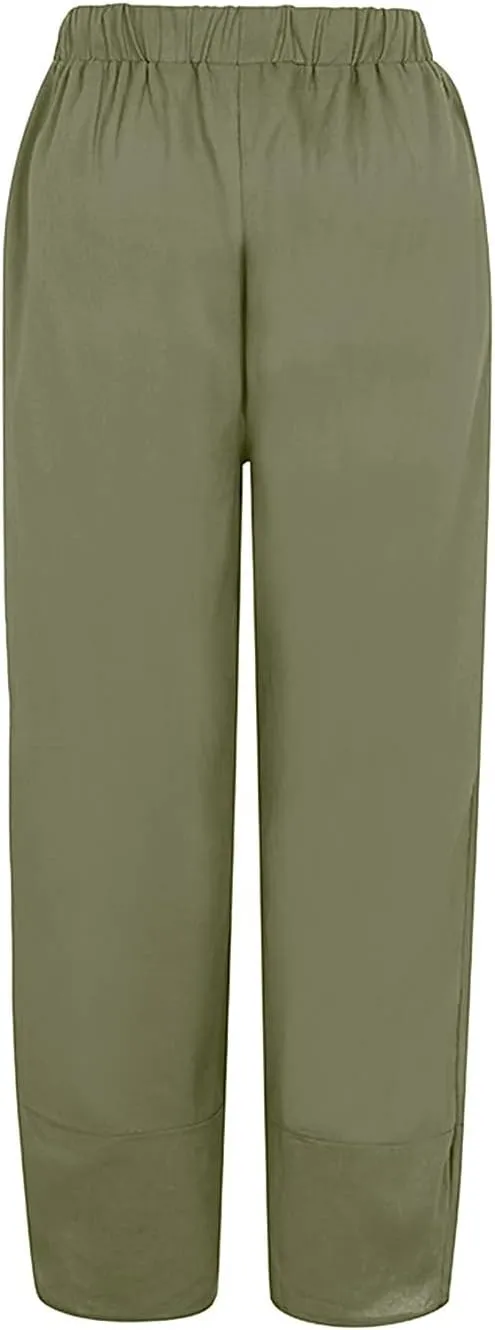 Women Linen Summer Y2K Fashion Palazzo Lounge Pants Elastic Waist Stretchy Loose Fit Trouser Business Work