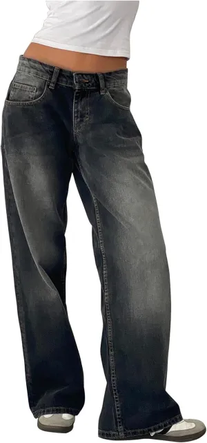 Women Low Waist Baggy Jeans Wide Leg Boyfriend Denim Pants Y2k Casual Vintage Trendy Loose Fit Trousers Streetwear