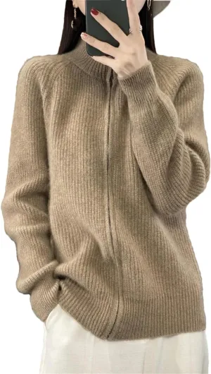 Women Mock Neck Zippers Sweater Cardigan 100% Merino Wool Knit Jumper Thick Warm Sweater Coat