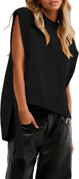 Women Oversized Crew Neck Sleeveless Sweater Vest Top High Low Hem Tie Up Knitted Pullover Tank Tops