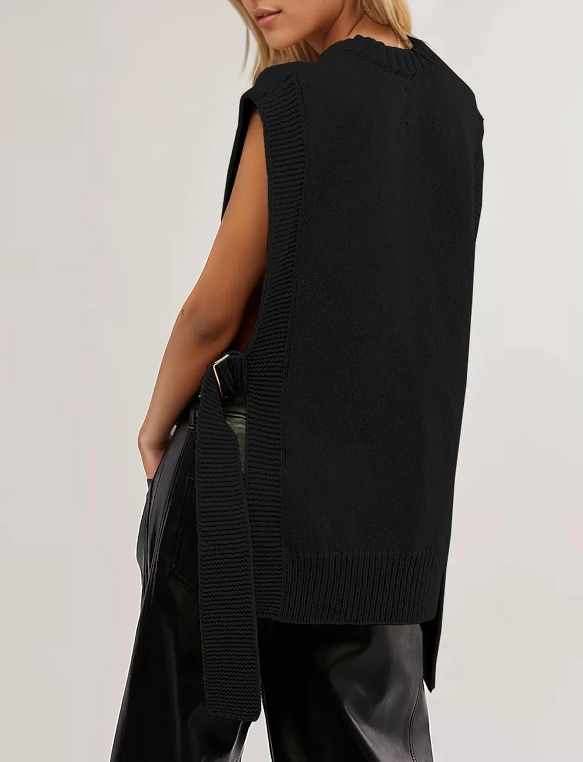 Women Oversized Crew Neck Sleeveless Sweater Vest Top High Low Hem Tie Up Knitted Pullover Tank Tops