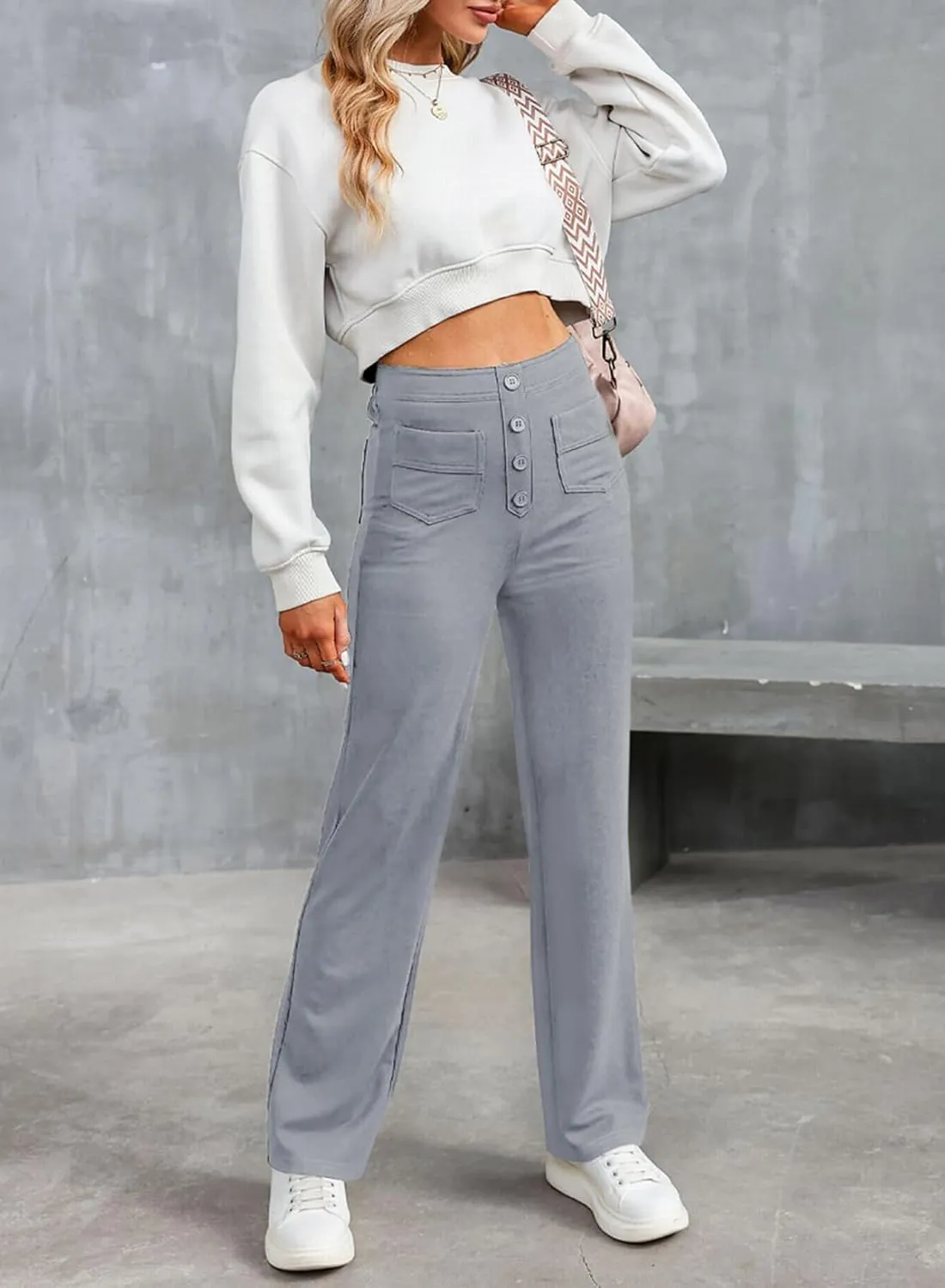 Women Pants 2025 Fashion High Waist Button Down Stretchy Work Pant Trousers Casual Straight Leg Pants with Pockets