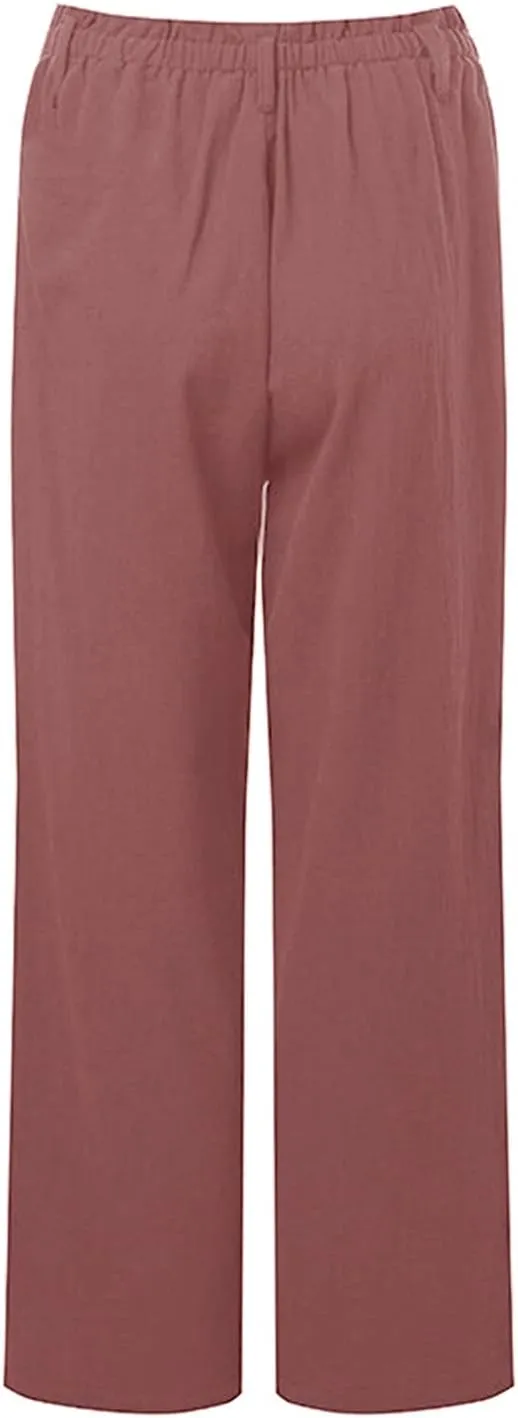 Women Pants Solid Color Straight Trousers Slim Fit High Waist Long Pants with Pockets