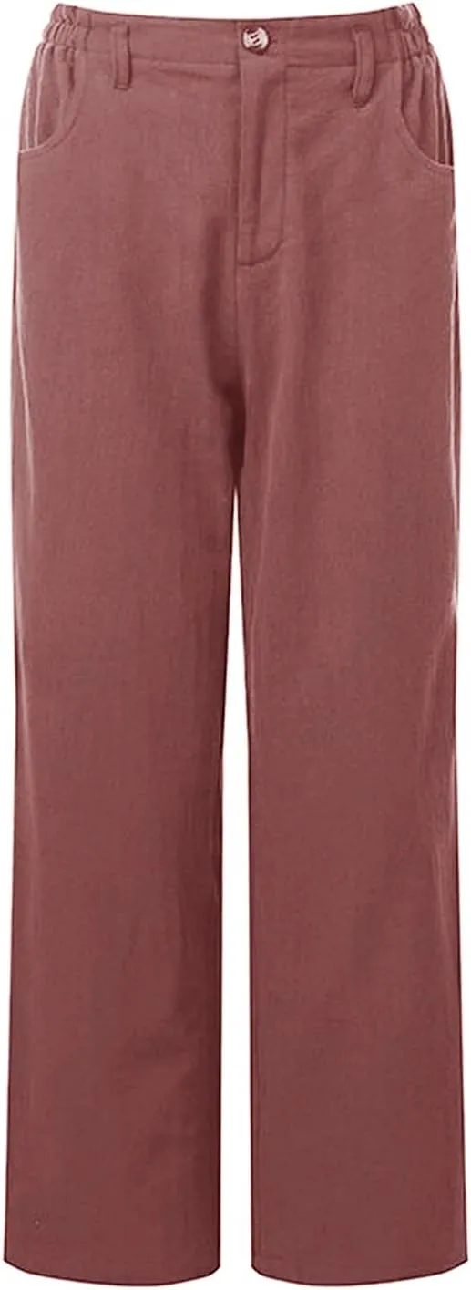 Women Pants Solid Color Straight Trousers Slim Fit High Waist Long Pants with Pockets