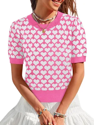 Women Puff Short Sleeve Sweater Casual Cropped Knit Shirts Cute Heart Holidays Graphic Print Pullover Jumper Tops 2025