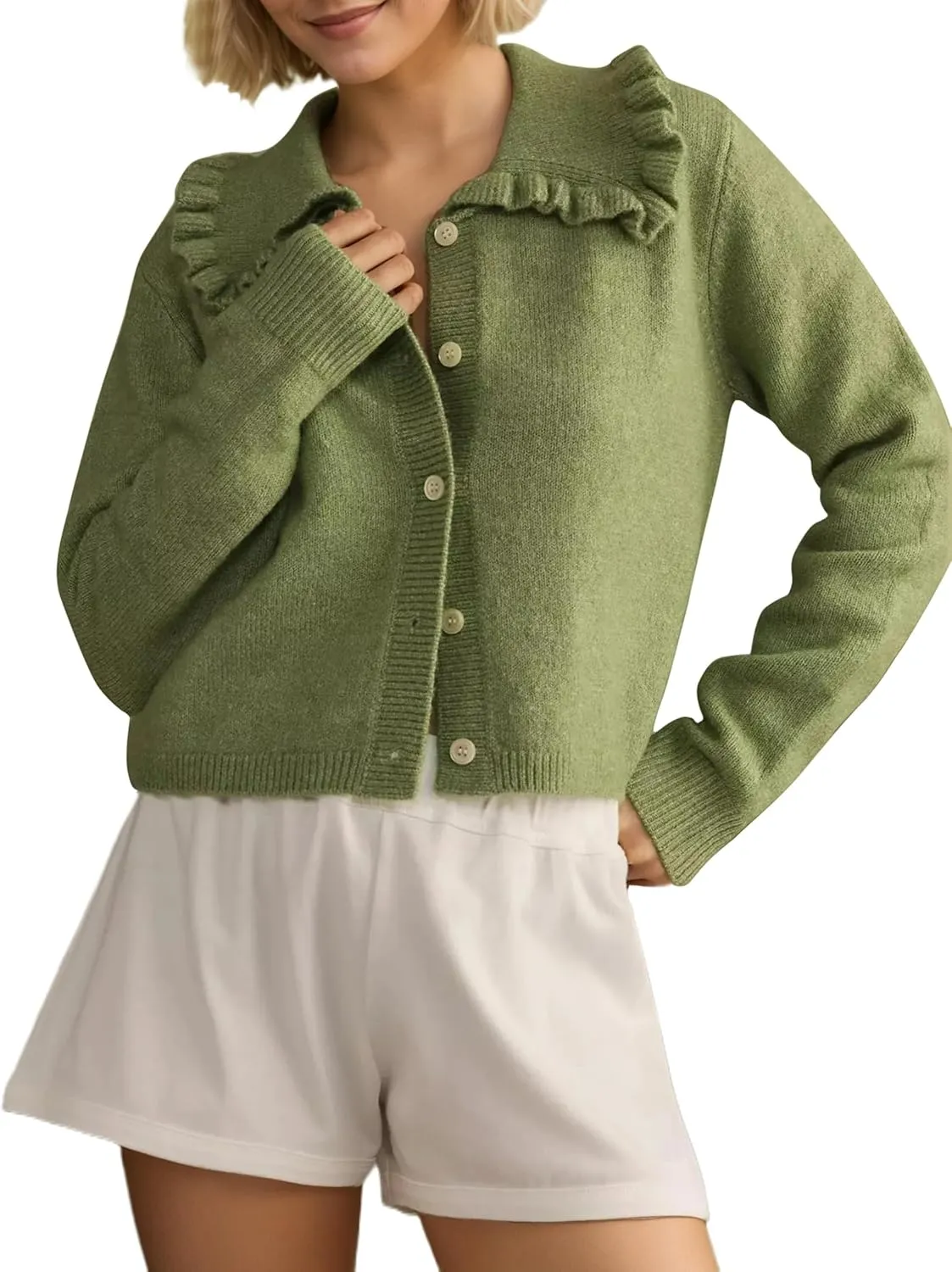 Women Ruffle Collar Button Down Cropped Cardigan Long Sleeve Open Front Knit Sweaters Peplum Sweater Crop Jacket Tops