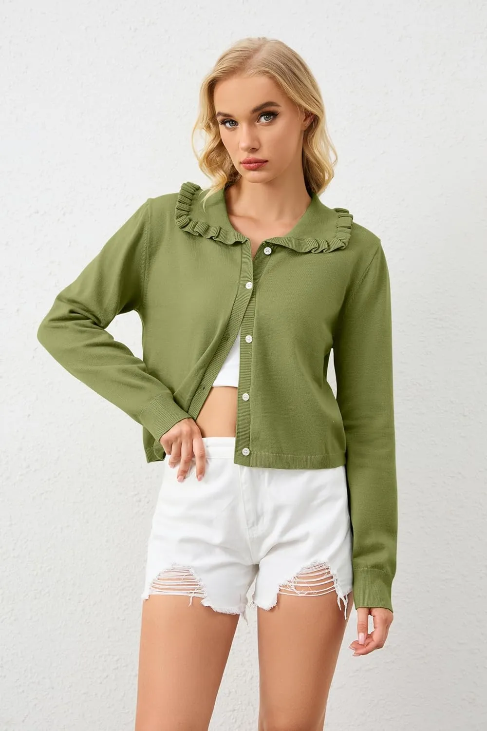 Women Ruffle Collar Button Down Cropped Cardigan Long Sleeve Open Front Knit Sweaters Peplum Sweater Crop Jacket Tops
