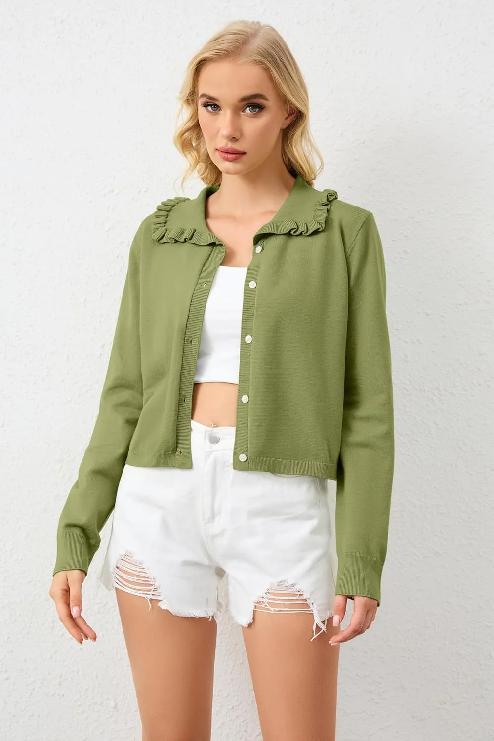 Women Ruffle Collar Button Down Cropped Cardigan Long Sleeve Open Front Knit Sweaters Peplum Sweater Crop Jacket Tops