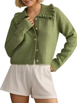 Women Ruffle Collar Button Down Cropped Cardigan Long Sleeve Open Front Knit Sweaters Peplum Sweater Crop Jacket Tops