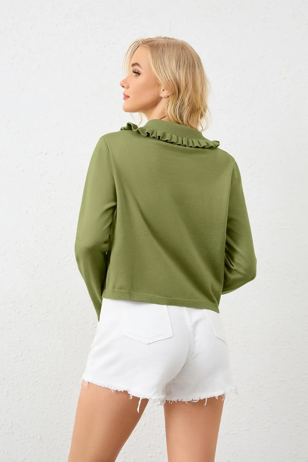 Women Ruffle Collar Button Down Cropped Cardigan Long Sleeve Open Front Knit Sweaters Peplum Sweater Crop Jacket Tops