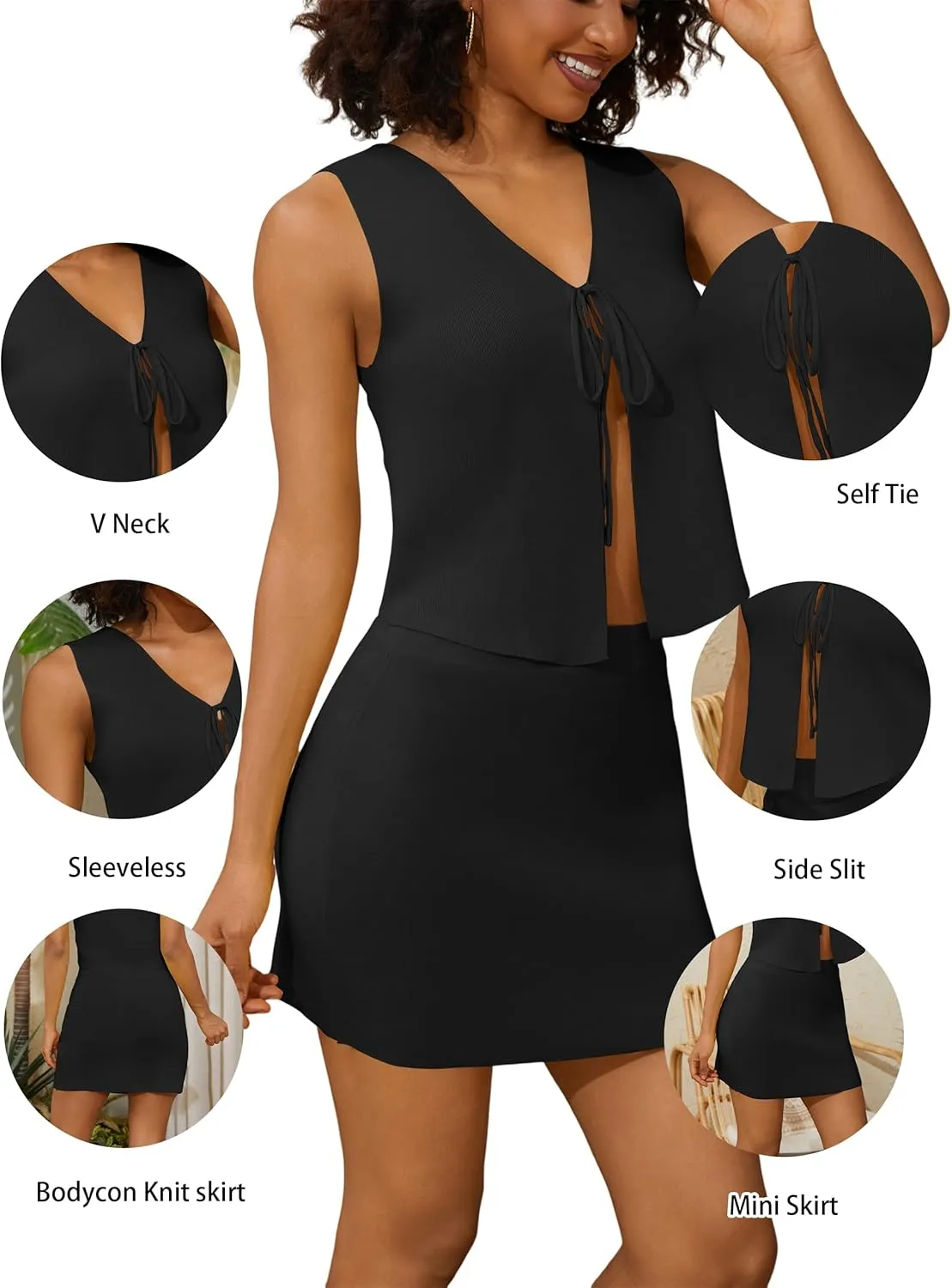 Women Sexy Knit Two Pieces Mini Skirts Set Sleeeveless V Neck Self Tie Slit Front Crop Vest Top Short Skirts Sets