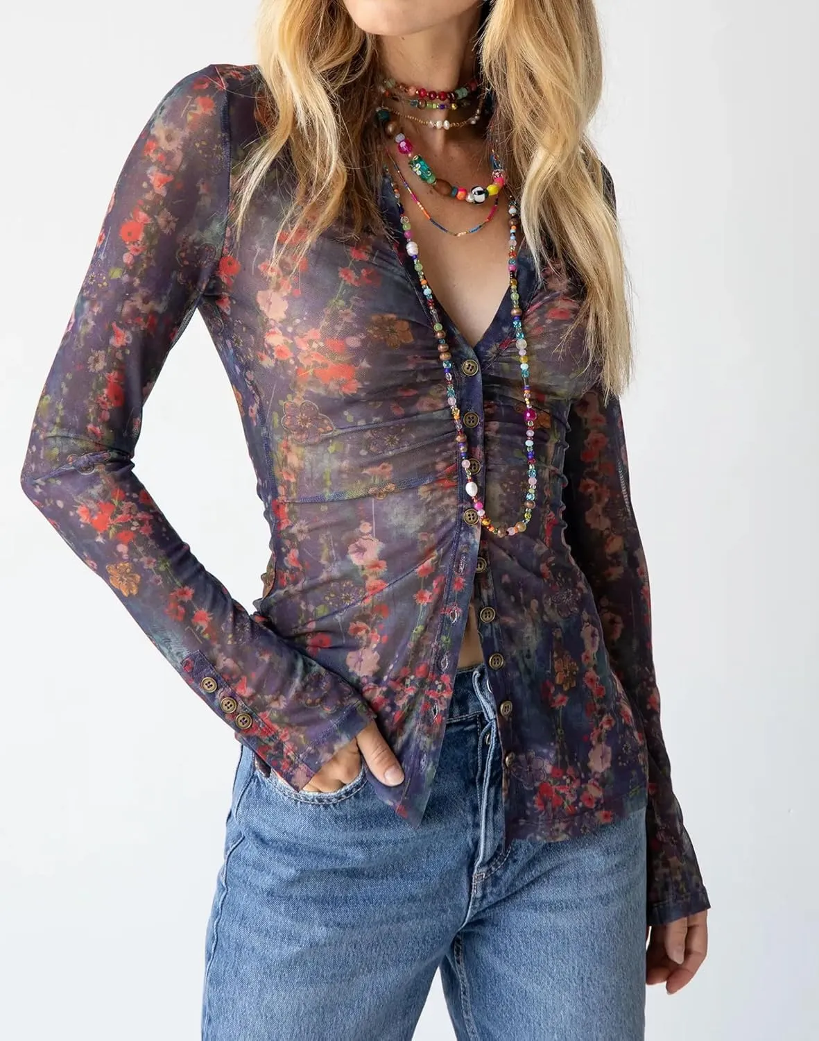 Women Sheer Mesh Print Button Up Shirt Long Sleeve V Neck Floral Shirt Blouse Sexy Slim Fit Buttons Y2K Cardigan Shirts