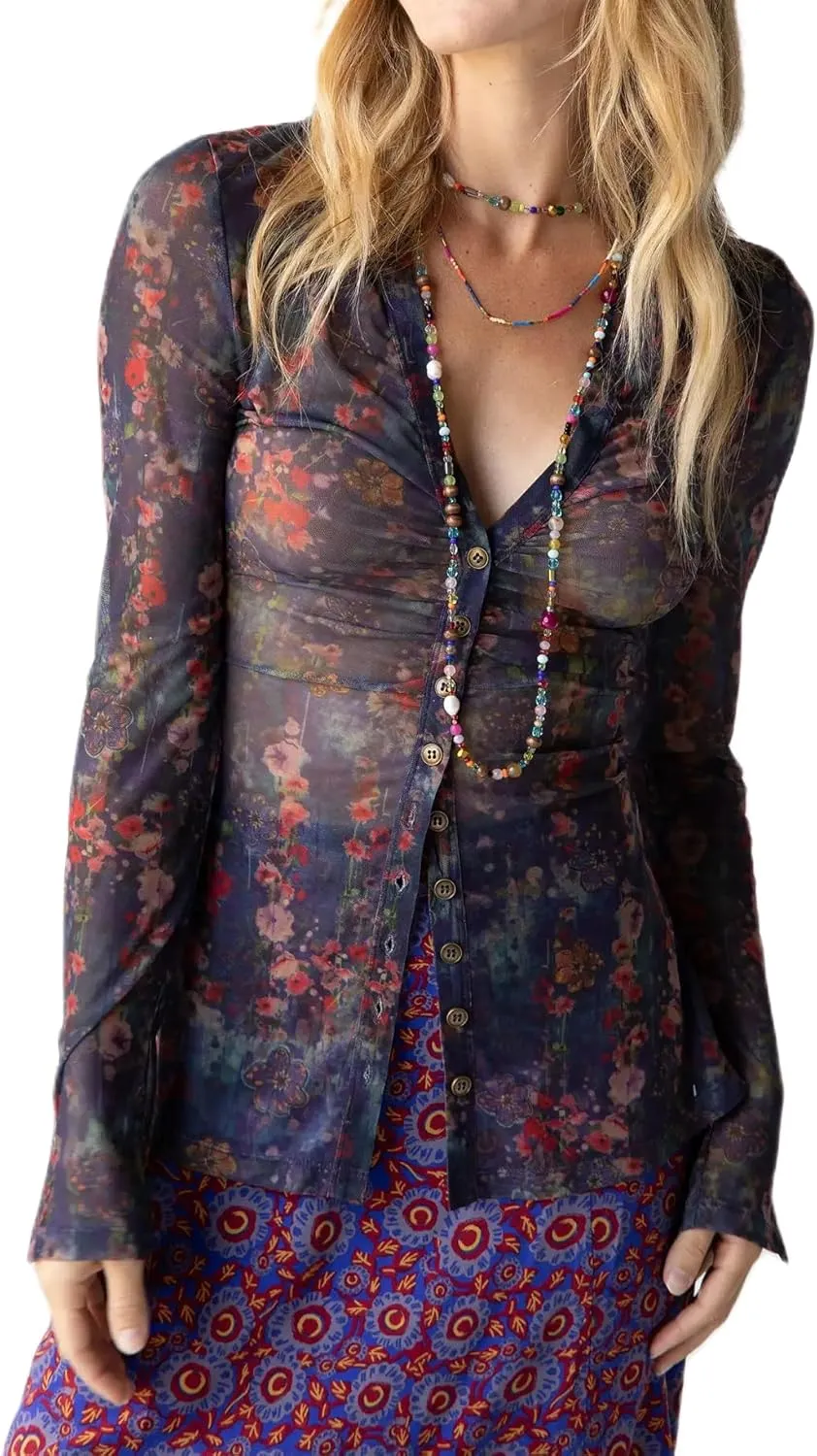 Women Sheer Mesh Print Button Up Shirt Long Sleeve V Neck Floral Shirt Blouse Sexy Slim Fit Buttons Y2K Cardigan Shirts