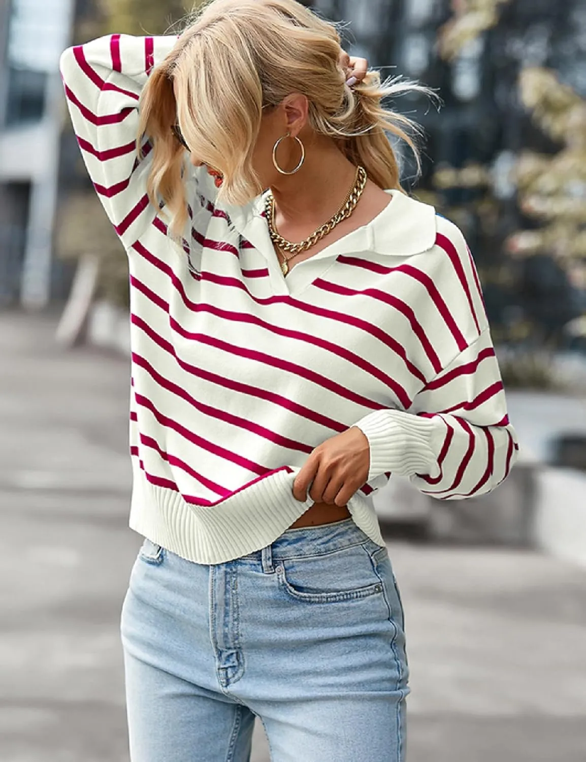 Women Striped Sweater Polo V Neck Long Sleeve Loose Sweater Knit Pullover Jumper Tops