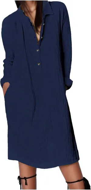 Women Summer Midi Shirt Dresses Button Down 1/2 Sleeve Lapel Casual Cotton Linen Dress Summer Midi Dress Pockets Shirt Dress