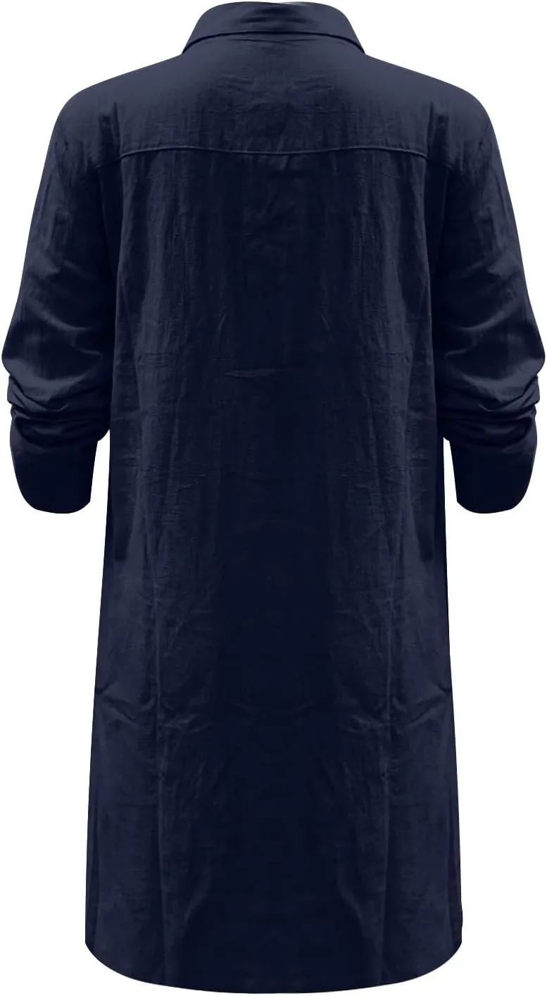 Women Summer Midi Shirt Dresses Button Down 1/2 Sleeve Lapel Casual Cotton Linen Dress Summer Midi Dress Pockets Shirt Dress