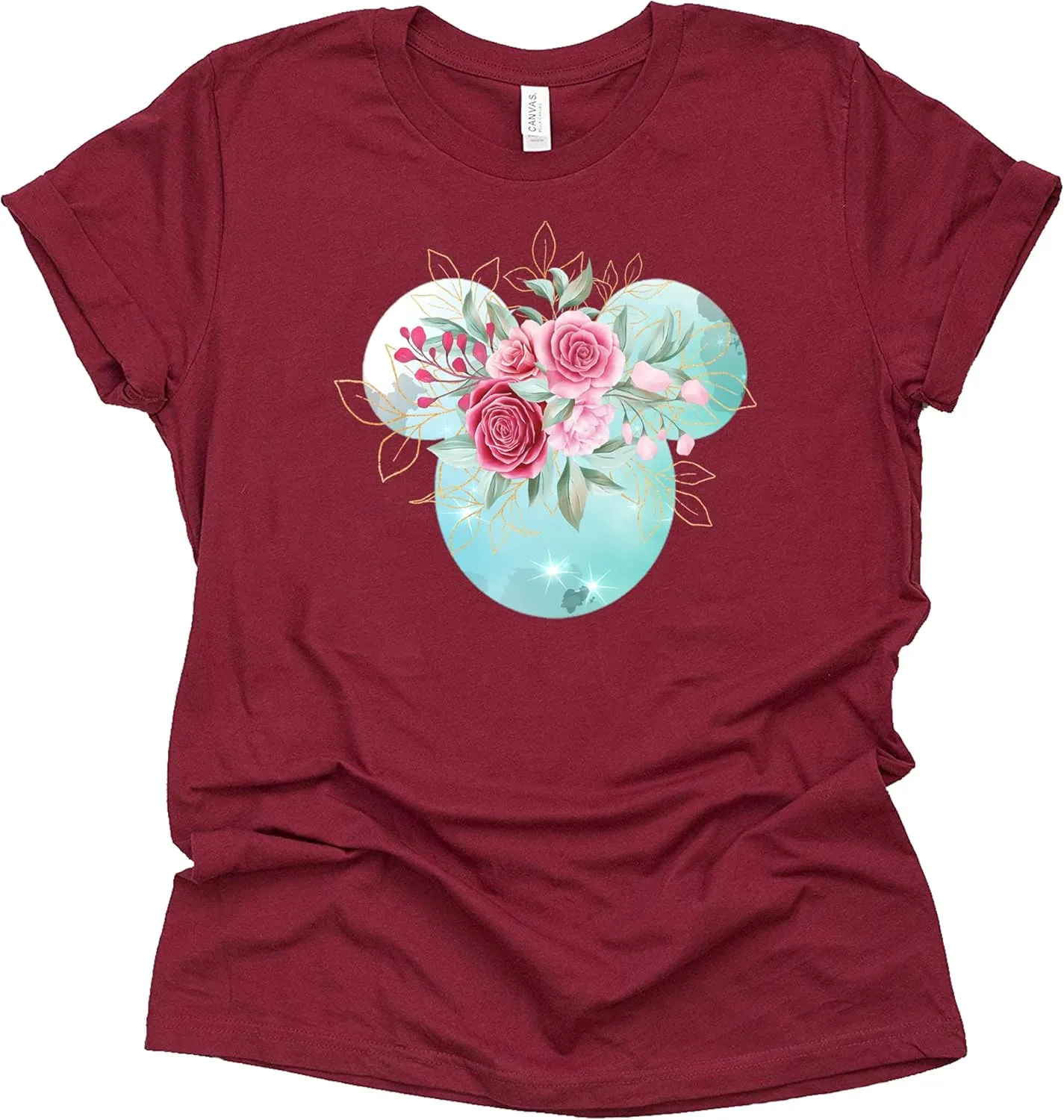 Women Teen Mickey Ears Pink Flowers with Gold Leaves Shirt Floral Adult Ladies Boho Character Tshirt