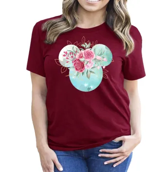 Women Teen Mickey Ears Pink Flowers with Gold Leaves Shirt Floral Adult Ladies Boho Character Tshirt