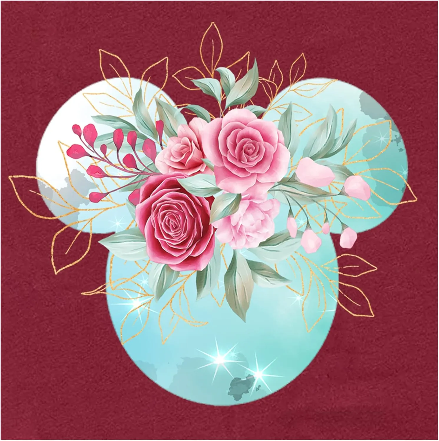 Women Teen Mickey Ears Pink Flowers with Gold Leaves Shirt Floral Adult Ladies Boho Character Tshirt