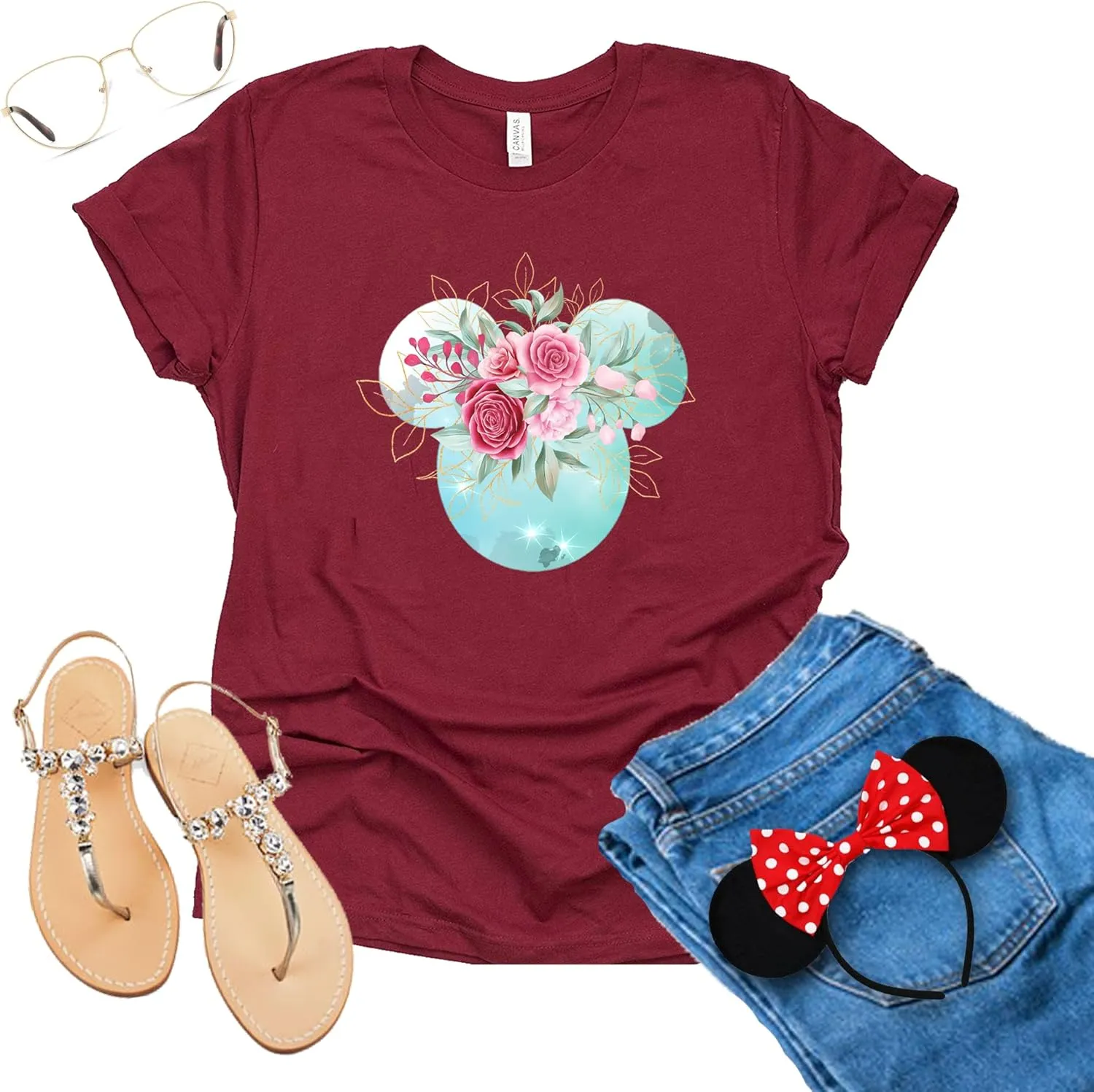 Women Teen Mickey Ears Pink Flowers with Gold Leaves Shirt Floral Adult Ladies Boho Character Tshirt