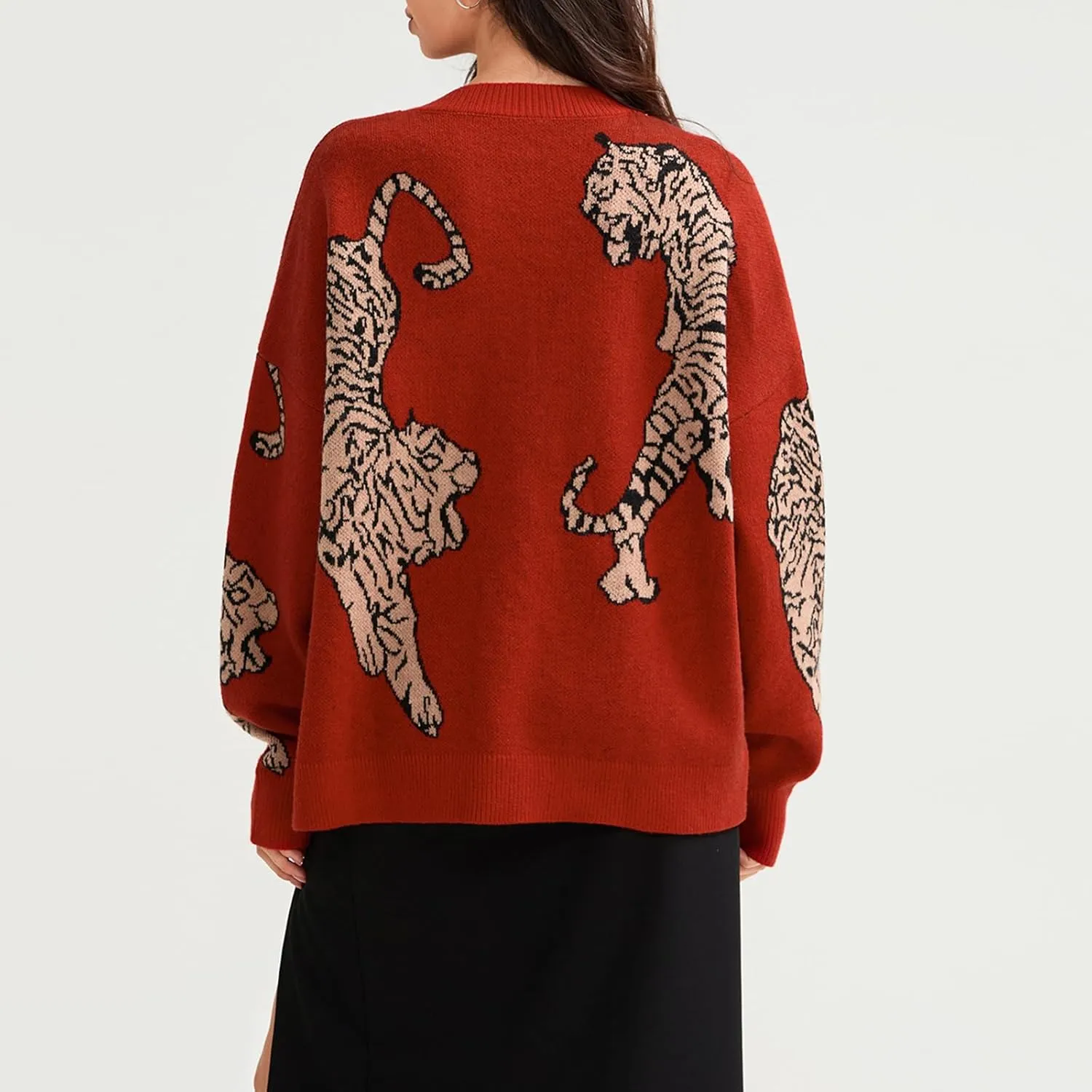 Women Tiger Print Cardigan Sweater Long Sleeve Button Down Knitwear Loose Fit Cropped Cardigan Cute Fall Streetwear