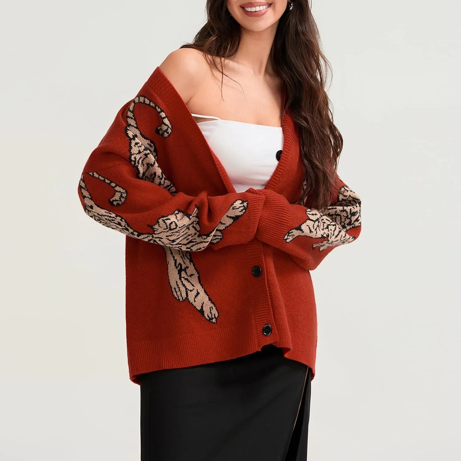 Women Tiger Print Cardigan Sweater Long Sleeve Button Down Knitwear Loose Fit Cropped Cardigan Cute Fall Streetwear