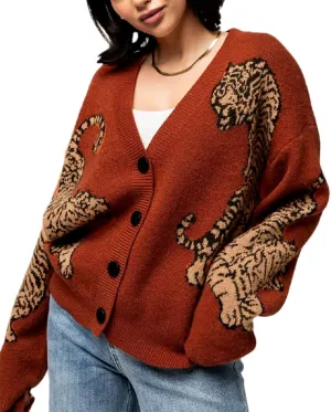 Women Tiger Print Cardigan Sweater Long Sleeve Button Down Knitwear Loose Fit Cropped Cardigan Cute Fall Streetwear