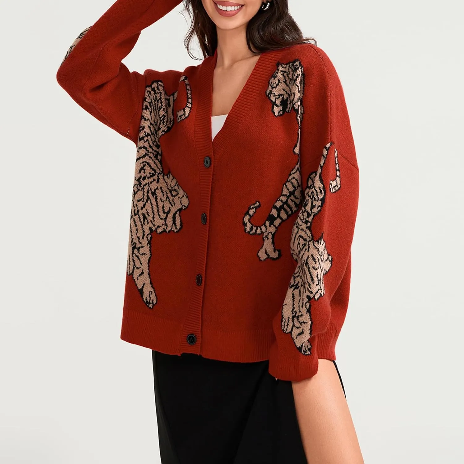 Women Tiger Print Cardigan Sweater Long Sleeve Button Down Knitwear Loose Fit Cropped Cardigan Cute Fall Streetwear