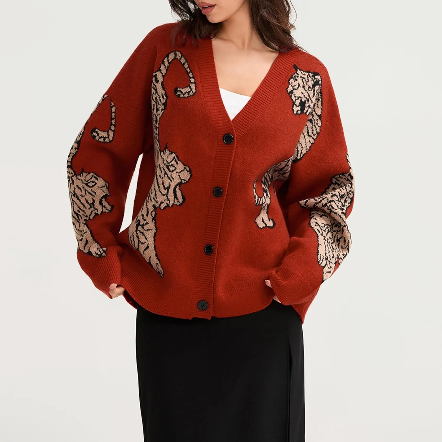 Women Tiger Print Cardigan Sweater Long Sleeve Button Down Knitwear Loose Fit Cropped Cardigan Cute Fall Streetwear