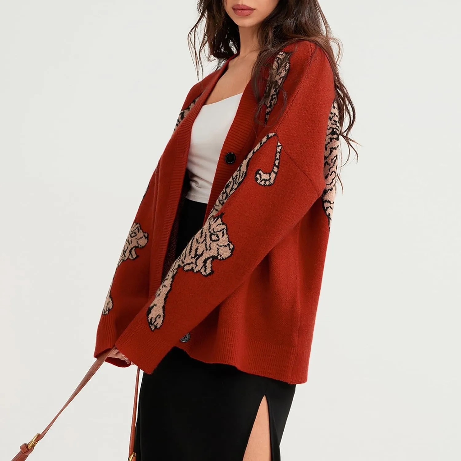 Women Tiger Print Cardigan Sweater Long Sleeve Button Down Knitwear Loose Fit Cropped Cardigan Cute Fall Streetwear