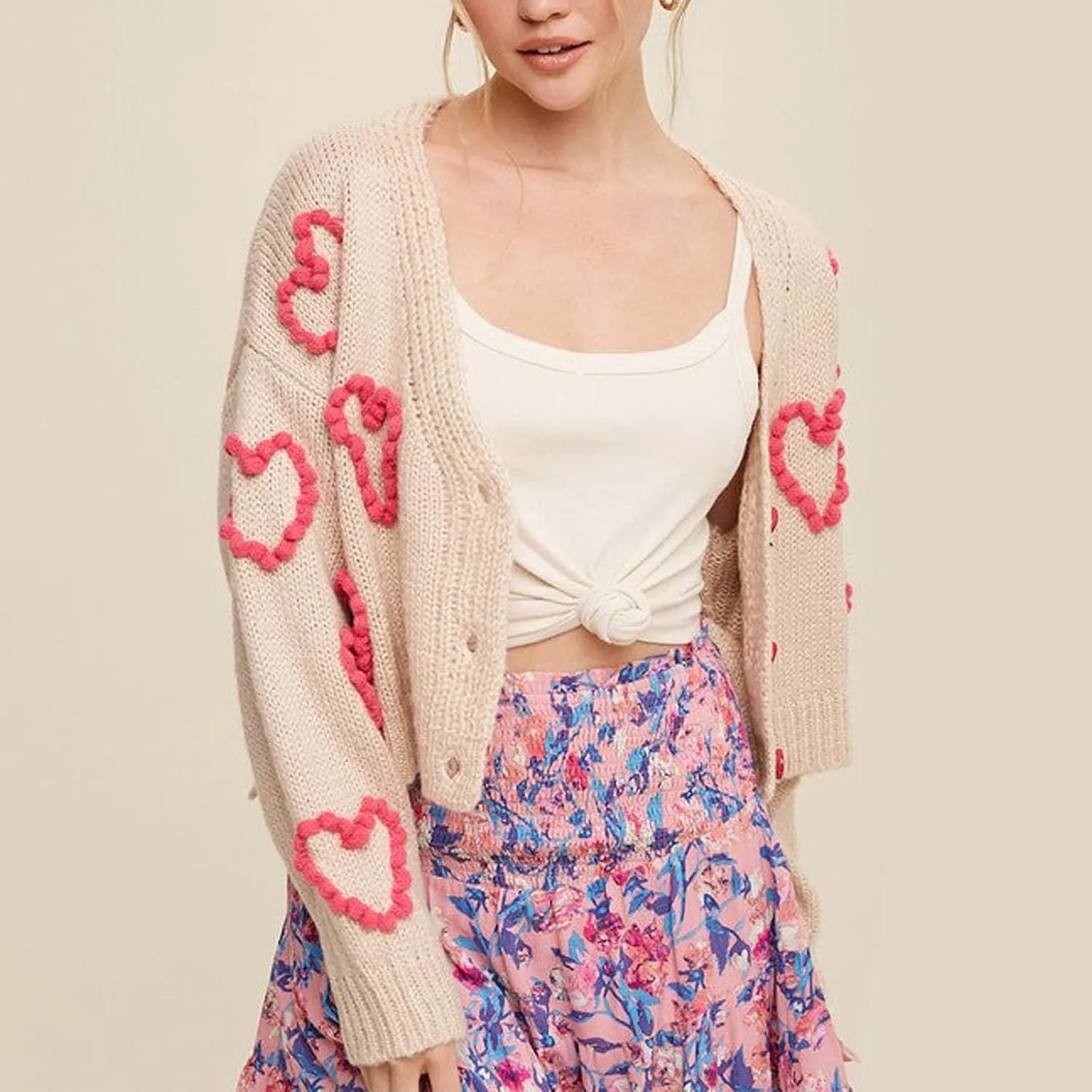 Women Valentines Day Heart Sweater Cardigan Long Sleeve Button Down Open Front Casual Cropped Knit Sweater Outerwear