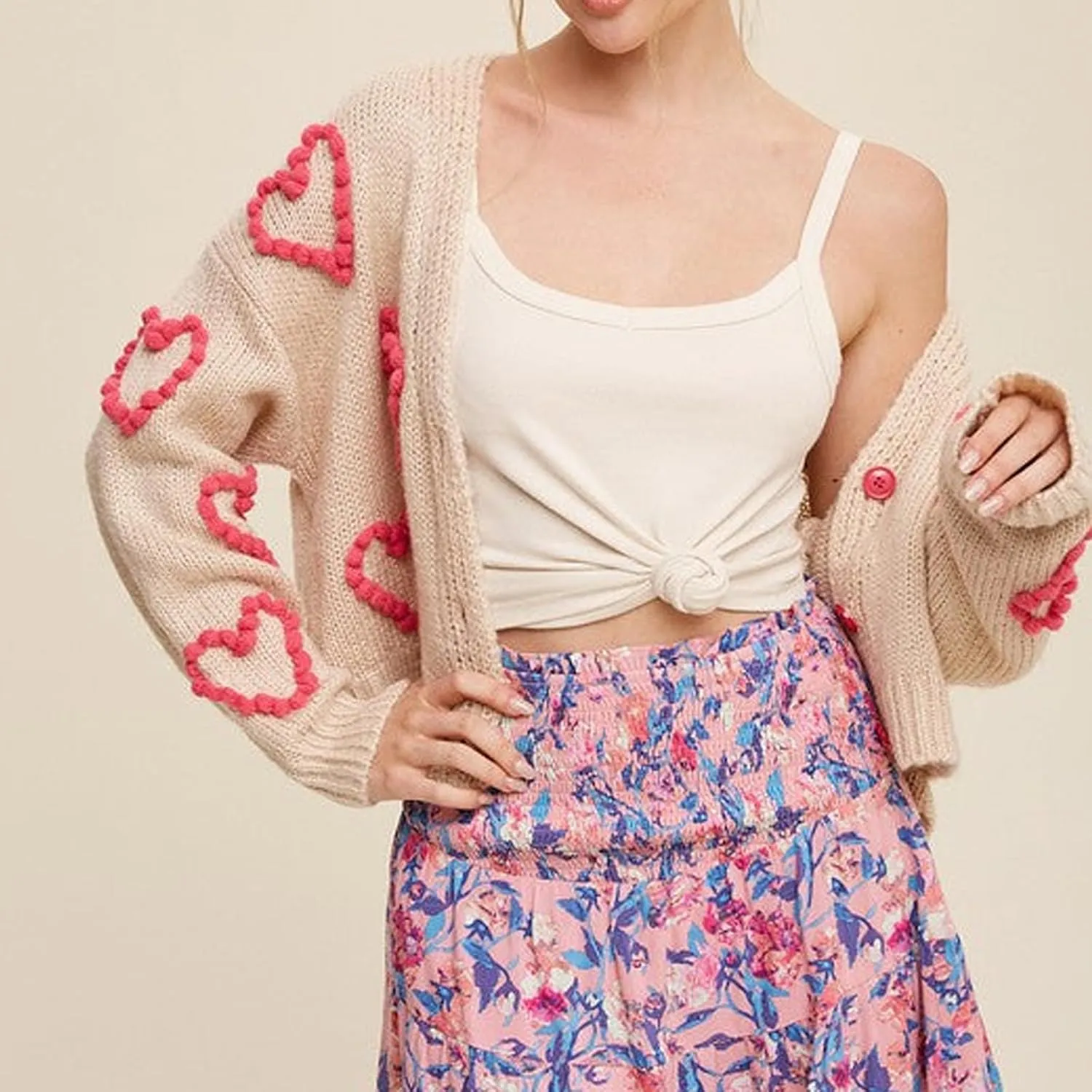 Women Valentines Day Heart Sweater Cardigan Long Sleeve Button Down Open Front Casual Cropped Knit Sweater Outerwear