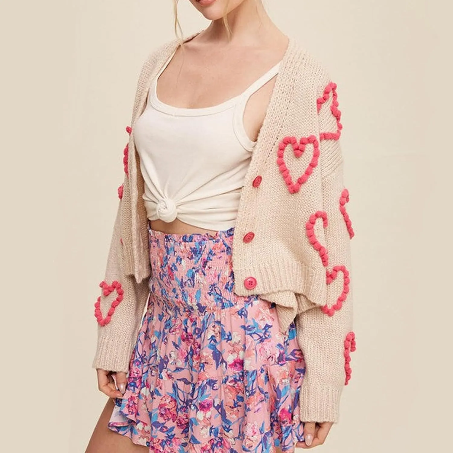 Women Valentines Day Heart Sweater Cardigan Long Sleeve Button Down Open Front Casual Cropped Knit Sweater Outerwear