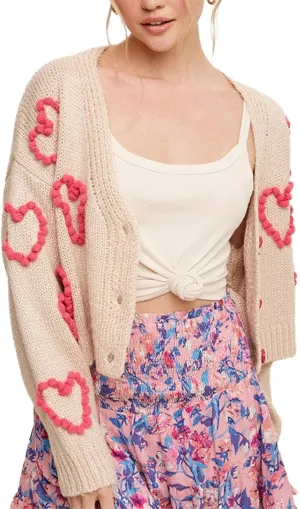 Women Valentines Day Heart Sweater Cardigan Long Sleeve Button Down Open Front Casual Cropped Knit Sweater Outerwear