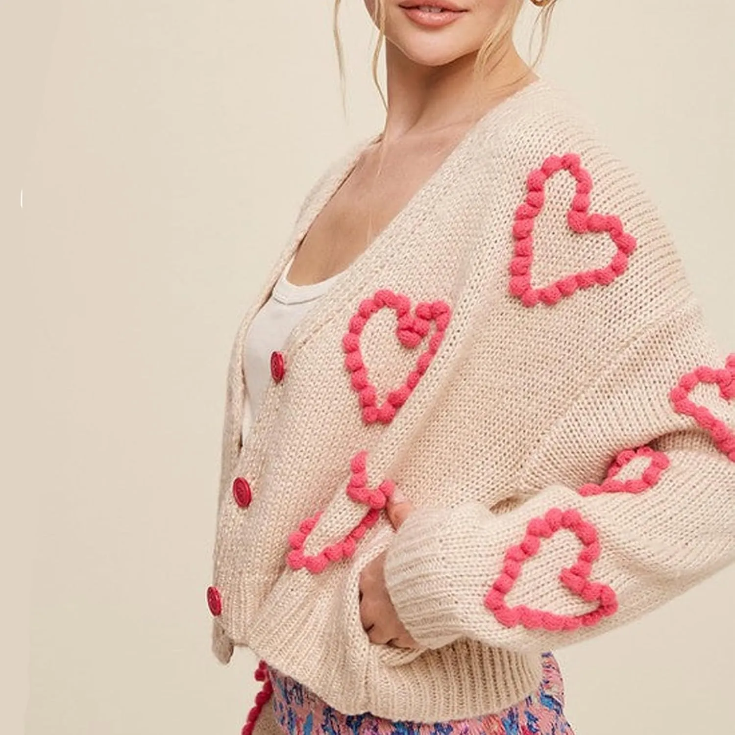 Women Valentines Day Heart Sweater Cardigan Long Sleeve Button Down Open Front Casual Cropped Knit Sweater Outerwear