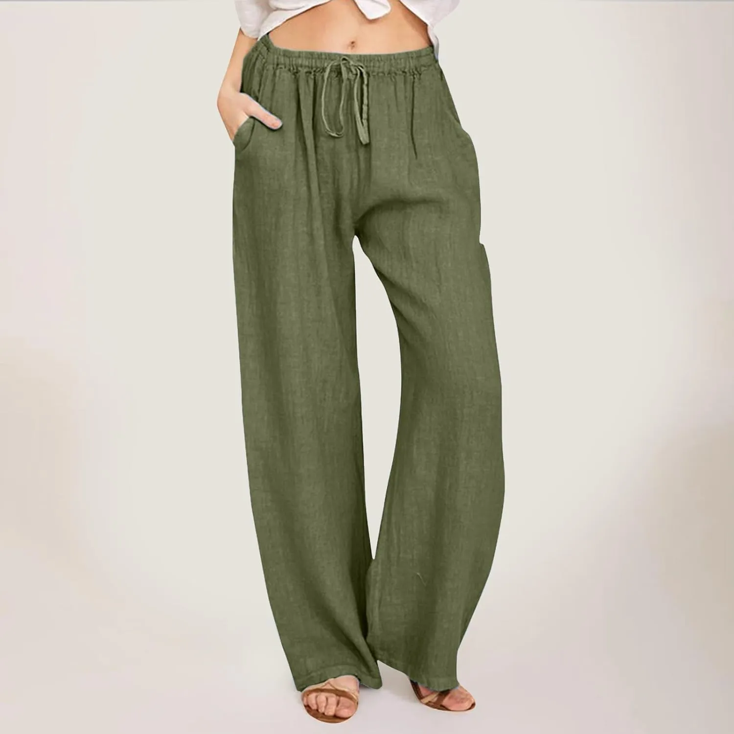 Women Wide Leg Linen Pants Summer Beach Loose Fit Drawstring High Waist Lightweight Cotton Linen Trousers with Pockets
