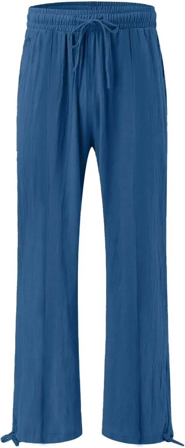 Women Wide Leg Palazzo Pants Summer Drawstring High Waist Flowy Casual Trousers Lounge Loose Beach Outfits Clothes