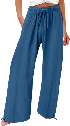Women Wide Leg Palazzo Pants Summer Drawstring High Waist Flowy Casual Trousers Lounge Loose Beach Outfits Clothes