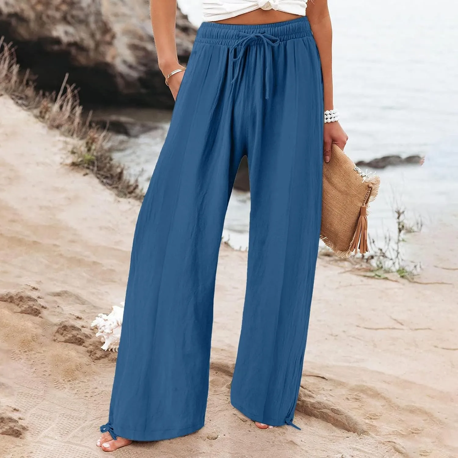 Women Wide Leg Palazzo Pants Summer Drawstring High Waist Flowy Casual Trousers Lounge Loose Beach Outfits Clothes