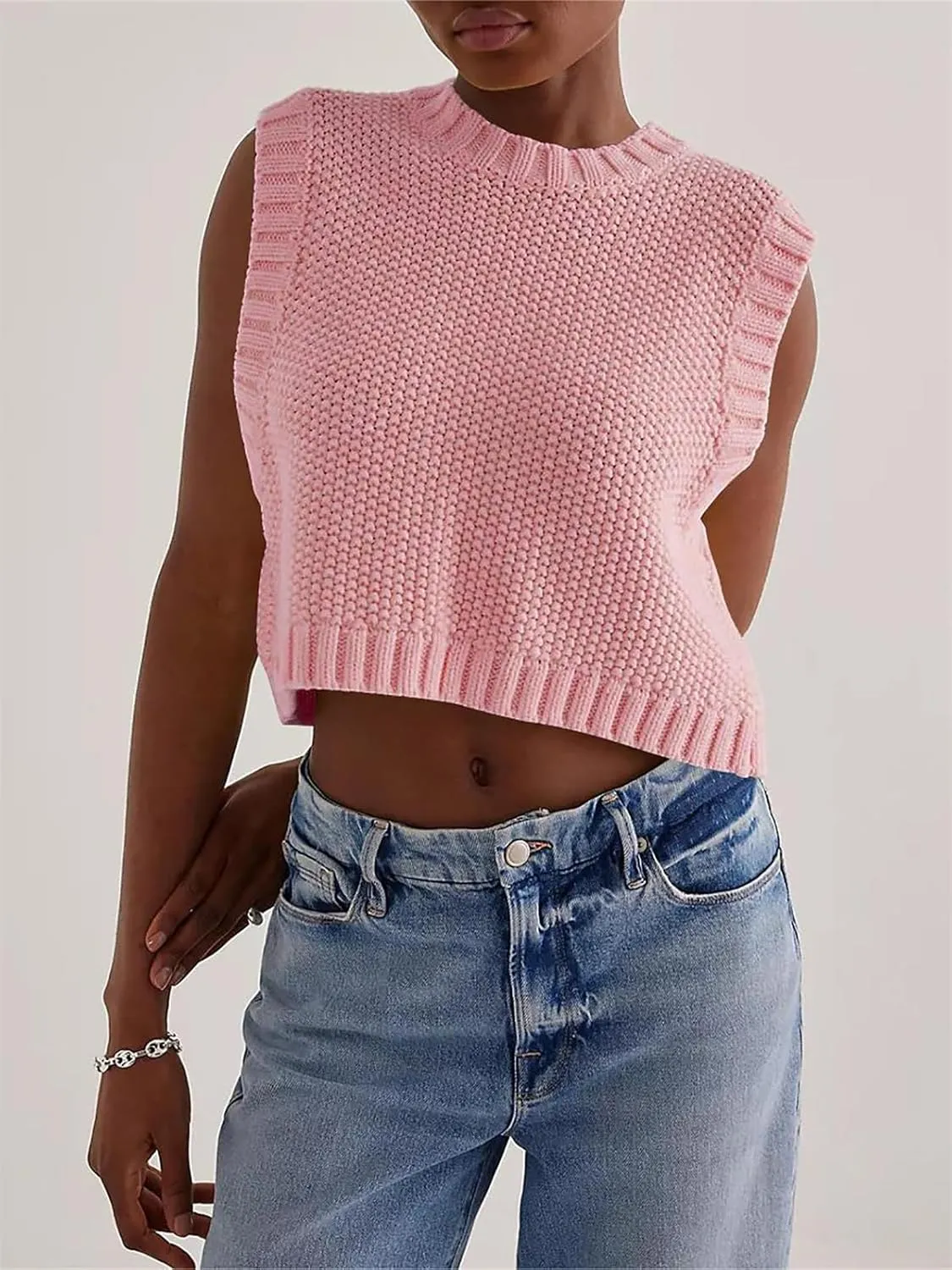 Women Y2K Backless Sweater Vest Tie Up Split Open Back Knit Vest Sleeveless Crewneck Pullover Summer Tank Crop Tops