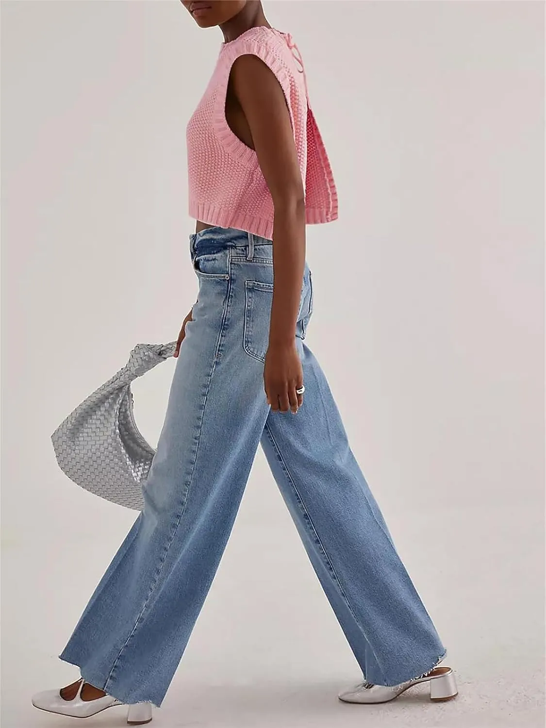 Women Y2K Backless Sweater Vest Tie Up Split Open Back Knit Vest Sleeveless Crewneck Pullover Summer Tank Crop Tops