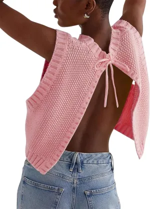 Women Y2K Backless Sweater Vest Tie Up Split Open Back Knit Vest Sleeveless Crewneck Pullover Summer Tank Crop Tops