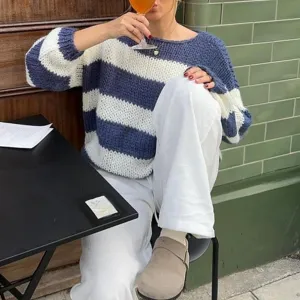 Women Y2k Oversized Striped Sweater Vintage Color Block Crew Neck Chunky Long Sleeve Pullover Harajuku Jumper
