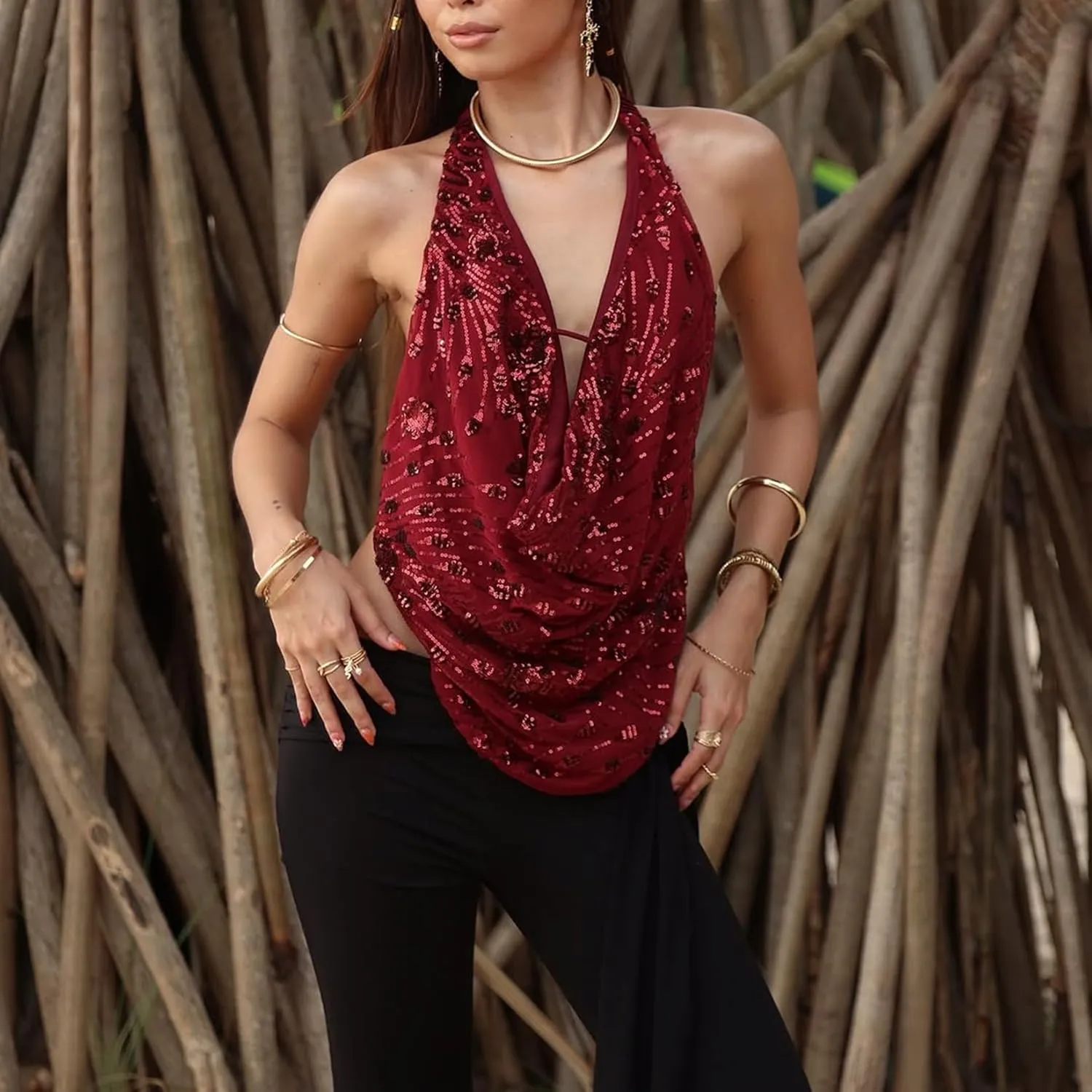 Women Y2k Sparkly Floral Sequin Halter Cowl Neck Beaded Vest Sexy Glitter Rhinestone Backless Embellished Rave Camisole
