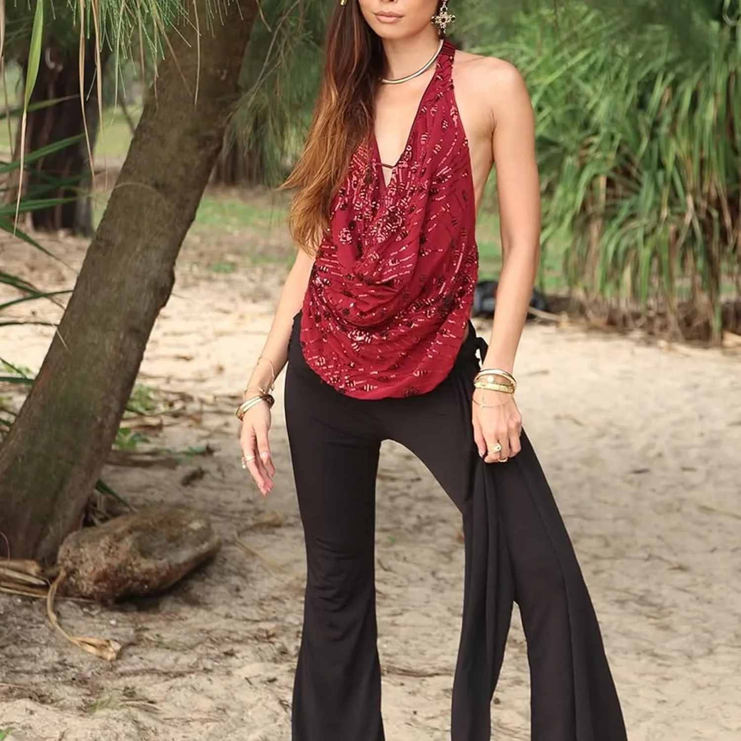 Women Y2k Sparkly Floral Sequin Halter Cowl Neck Beaded Vest Sexy Glitter Rhinestone Backless Embellished Rave Camisole